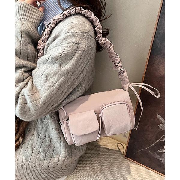 ショルダーバッグ バッグ フロントポケットナイロンギャザーショルダーバッグ レディース