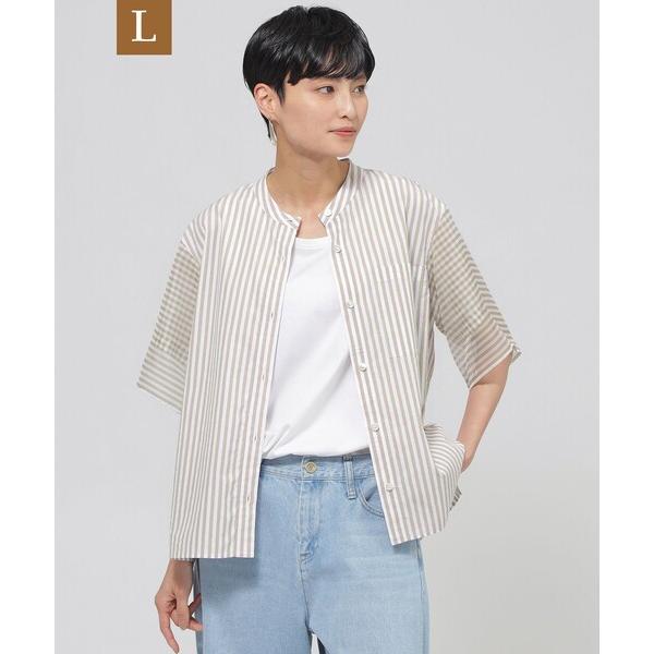 ブラウス シャツ 「L」「ウォッシャブル」シアーコンビストライプバンドカラーシャツ レディース