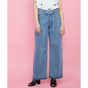 ジーンズ デニム デニムパンツ 紐ベルト付デニムワイドパンツ「手洗い可能」 レディース