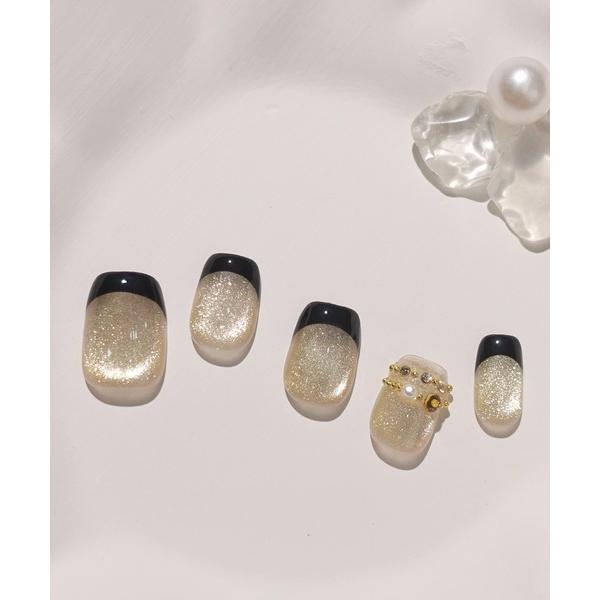 ネイルチップ ネイルシール 卒業式 「ZOZO限定デザイン」3D水光ネイルブラックフレンチマグネット...