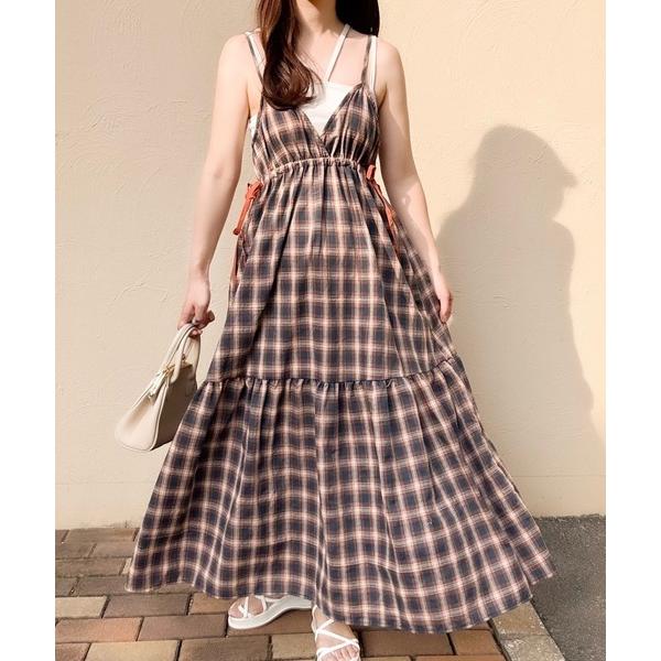 ワンピース 低身長OK体型カバーできるサイドリボンチェックキャミワンピース