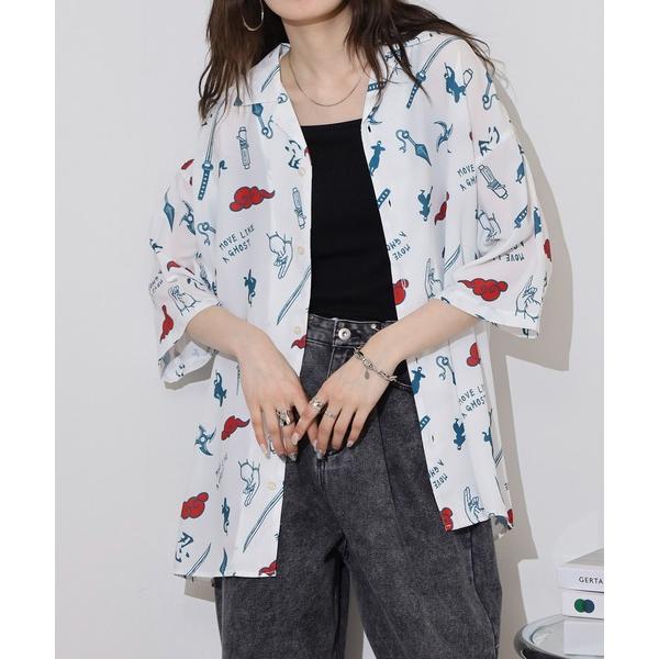 シャツ GROVE HOUSE RED 冷感とろみシルクタッチ ポリエステル 総柄プリント S/Sシ...