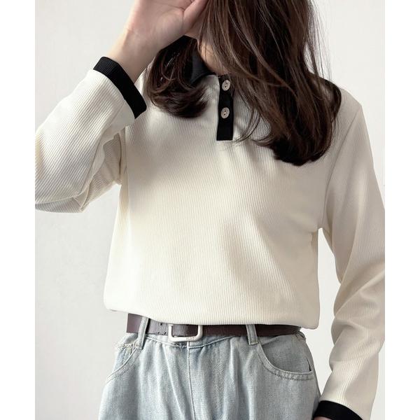 ブラウス シャツ ゆるめシルエットで華奢見えを叶える。　襟付きバイカラーリブトップス レディース