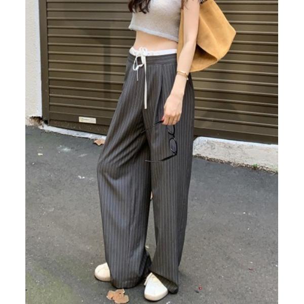 スラックス パンツ 「on:nue」「着用動画あり！/2色展開/2サイズ展開」 ストライプレイヤード...