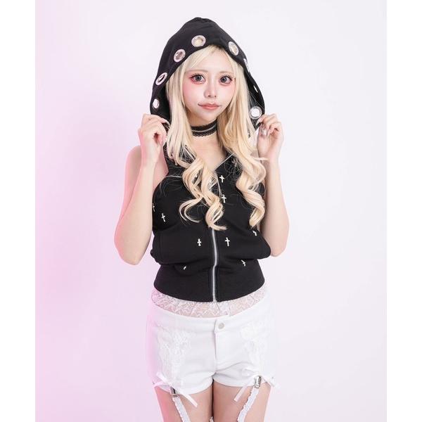 タンクトップ ノースリーブ 強めギャル十字架×ハトメトップス レディース