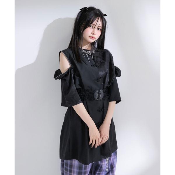 ブラウス シャツ インパクト柄配色チャイナ風肩ジップ2way半袖シャツチュニックブラウス レディース