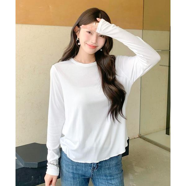 tシャツ ラウンドヘム カットソー｜長め丈 薄手ストレッチ レディース