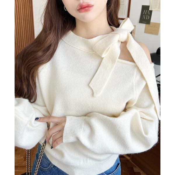 ニット セーター ボウタイリボンワンショルニットプルオーバー レディース