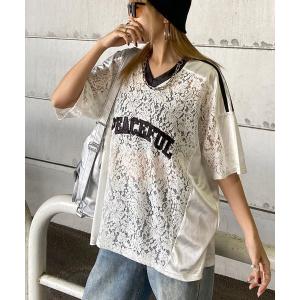 tシャツ レース切替ロゴビッグTシャツ レディース
