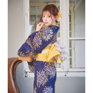 ゆかた 浴衣 浴衣セット レディース ネイビー イエロー花火 ゆかた 2点セット 浴衣 作り帯 かわいい レディース