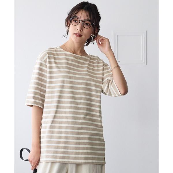 tシャツ 大きいサイズ　綿１００％素材のルーズシルエット５分袖ボーダーやわらかバスクＴシャツ レディ...