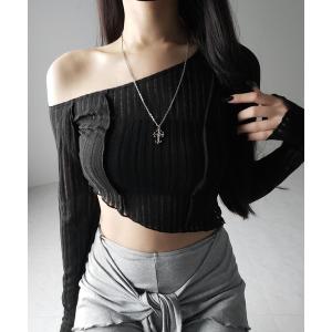 tシャツ 「 ３color 」アウトステッチワンショルシアーリブカットソートップス ／ outstitch one shoulder sheer rib cutsew tops レディース
