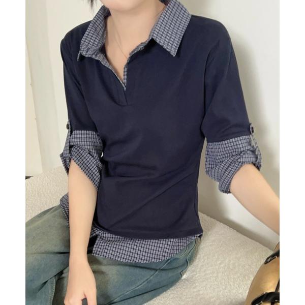 tシャツ 半袖 「新色追加」「3色展開」フェイクレイヤード半袖ポロシャツ/チェック柄×無地 レディー...