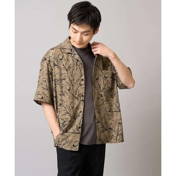 シャツ 「イージーケア/速乾/接触冷感」線画プリント五分袖オープンカラーシャツ メンズ