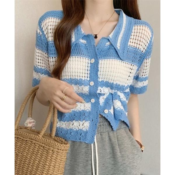 カーディガン ボーダーエリツキカーディガン/透かし編みニットカーディガン レディース