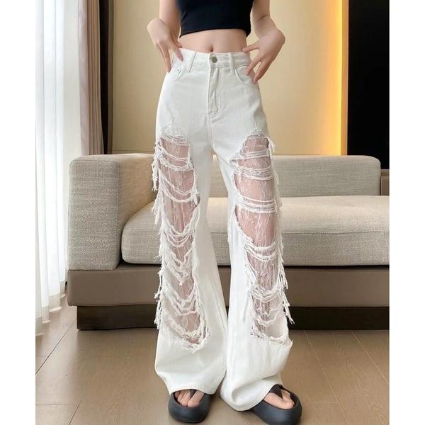 ジーンズ デニム デニムパンツ 「CANVAS+」スーパーダメージレースホワイトデニムパンツ レディ...
