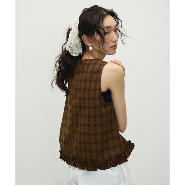 ブラウス シャツ Cotton Check Pattern frills Hem Blouse / ...