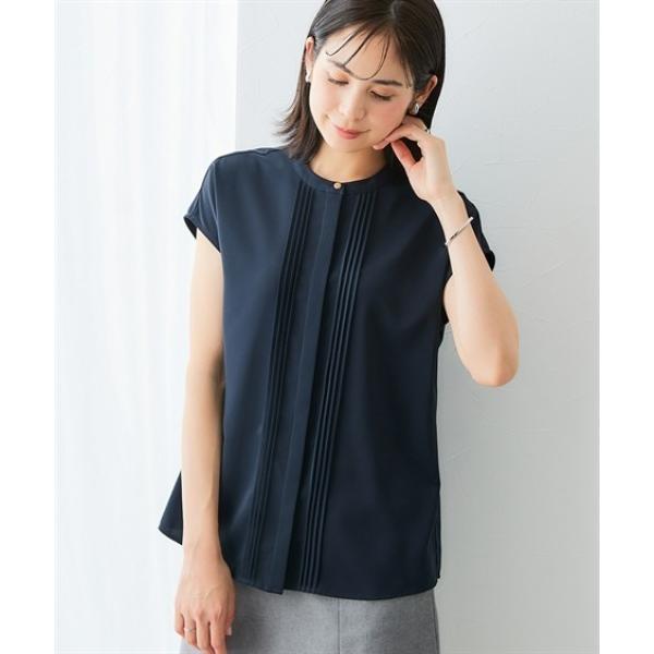 ブラウス シャツ ストレッチパウダーサテンピンタックフレンチスリーブブラウス（しわになりにくい・速乾...