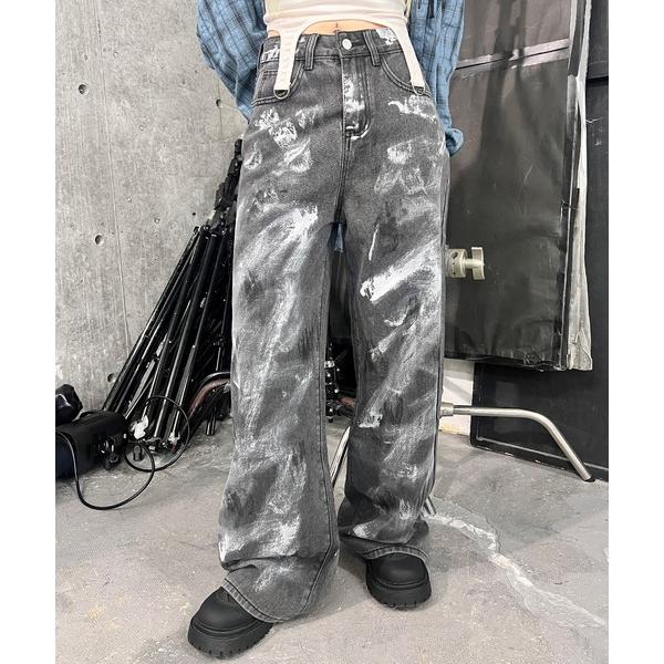ワイドパンツ ジーンズ デニム デニムパンツ ペイントグレーデニム レディース メンズ