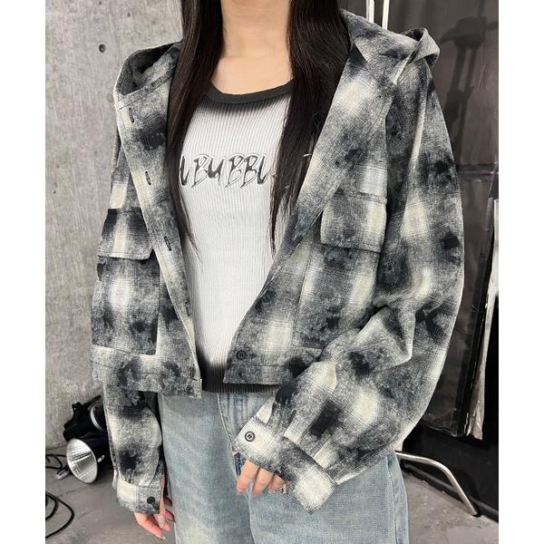 ブラウス シャツ フーデッドブリーチチェックシャツ レディース メンズ