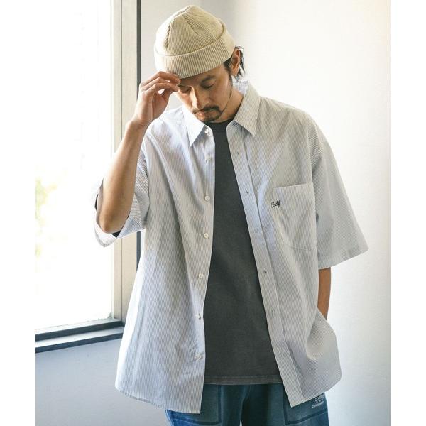 シャツ ワンポイント刺繍ストライプ半袖シャツ メンズ