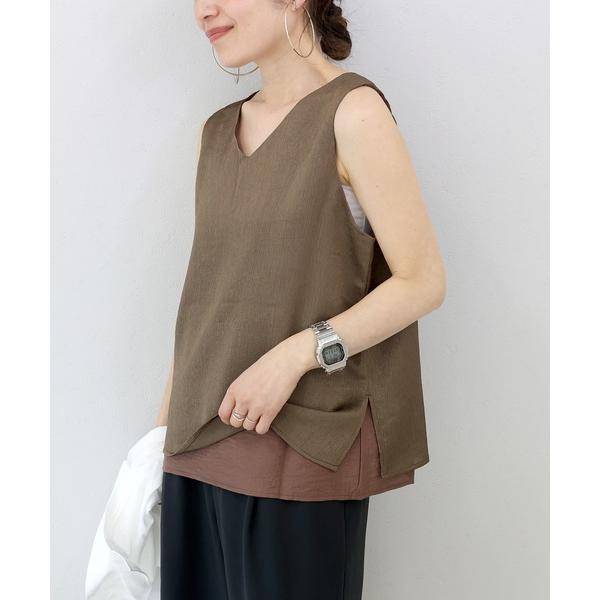 ブラウス シャツ シワ加工サテンレイヤードノースリーブブラウス レディース