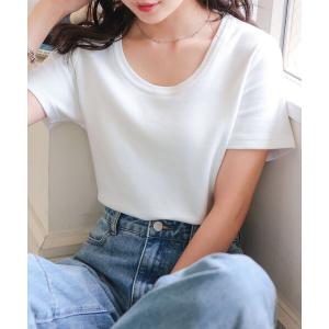 tシャツ 半袖 「 M L XL 選べるサイズ 」 深Uネック細リブ半袖Tシャツ レディース