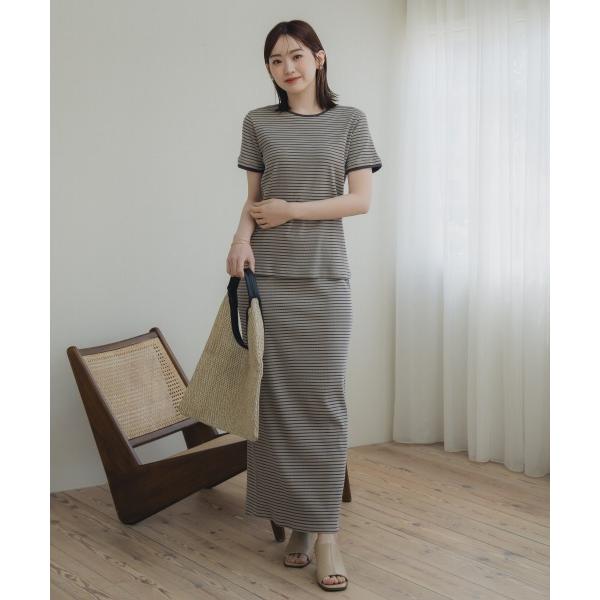 tシャツ 高身長　リブボーダーセットアップ（Ｔシャツ＋スカート）（トールサイズ）Essenave レ...