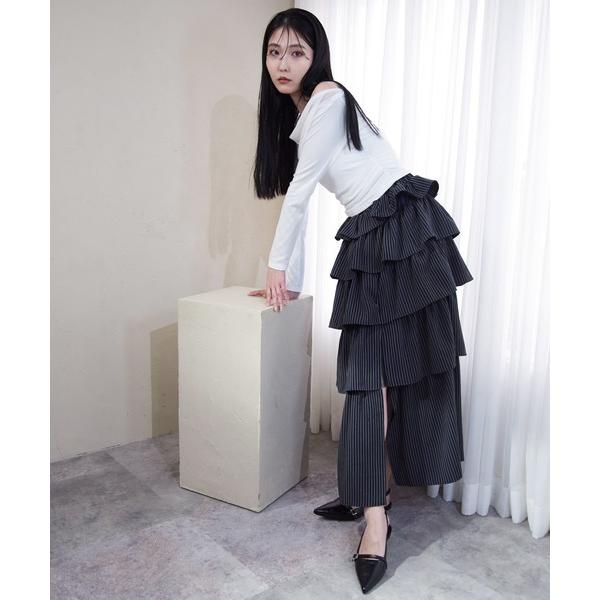 スカート ピンストライプスリットティアードスカート