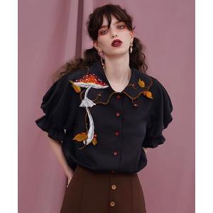 ブラウス シャツ Camoooni キノコ刺繍 5分袖ブラウス レディース