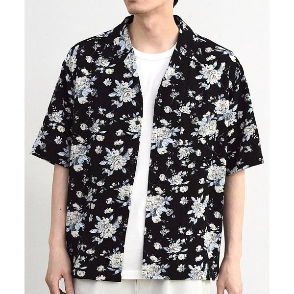 シャツ フラワープリントクレープオープンカラー半袖シャツ メンズ