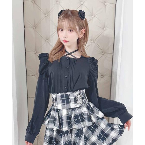 ブラウス シャツ 半袖 サテンリボン付きフリルブラウス レディース
