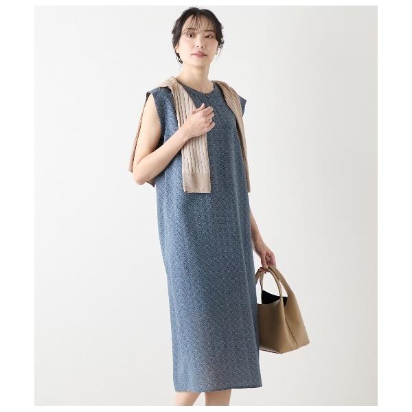 ワンピース インディゴライクプリント キーネックノースリーブワンピース
