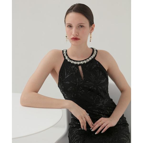 ドレス 「LEJA LUXE」ビジューホルターネックボタニカルマーメイドドレスワンピース美脚効果結婚...