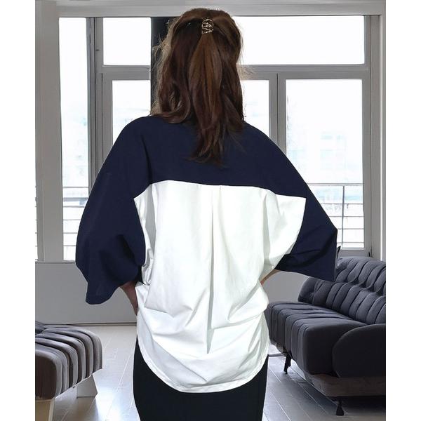 tシャツ カットジョーゼット 異素材 ボックスタック 切替 リラクシング 5分袖 Tシャツ ブラウス...