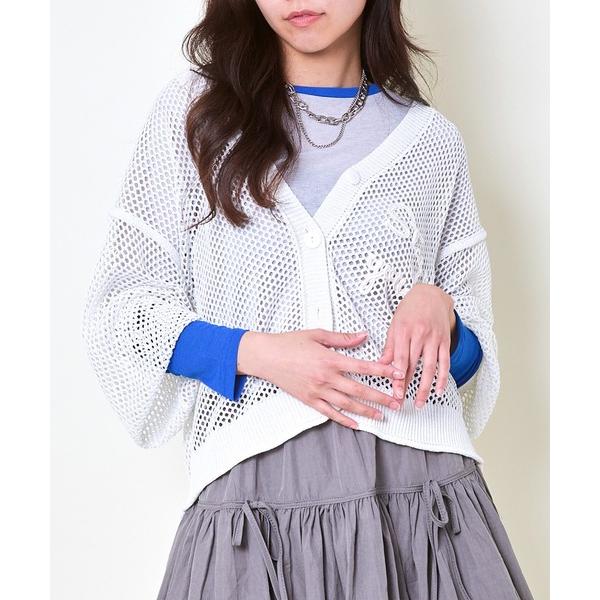 カーディガン 「ラメメッシュ×ロゴ刺繍」レディース 透かし編み カーディガン 羽織り 体型カバー 春...