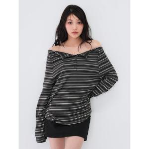 tシャツ ストライプ ボタン オフショルダー Tシャツ ベージュ ブラック 秋冬新作 レディース