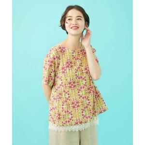 ブラウス シャツ 半袖 「日本製」Rosa flamenco フラワープリントタックブラウス レディース