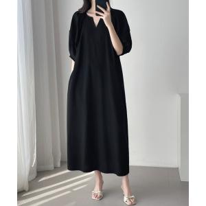 ワンピース バルーン袖キーネックロングワンピース