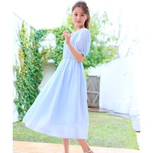 ワンピース 「洗える」ギャザーデザインパフスリーブワンピース