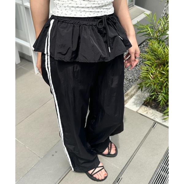 パンツ フリルデザイン ナイロンパンツ ダブルラインナイロンパンツ レディース