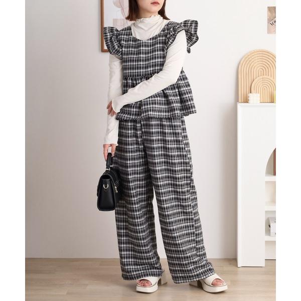 ブラウス シャツ ギンガムチェックブラウス＋イージーワイドパンツ セットアップ レディース
