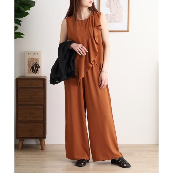 ブラウス シャツ アシメフリルショルダートップス＋ワイドパンツ セットアップ レディース