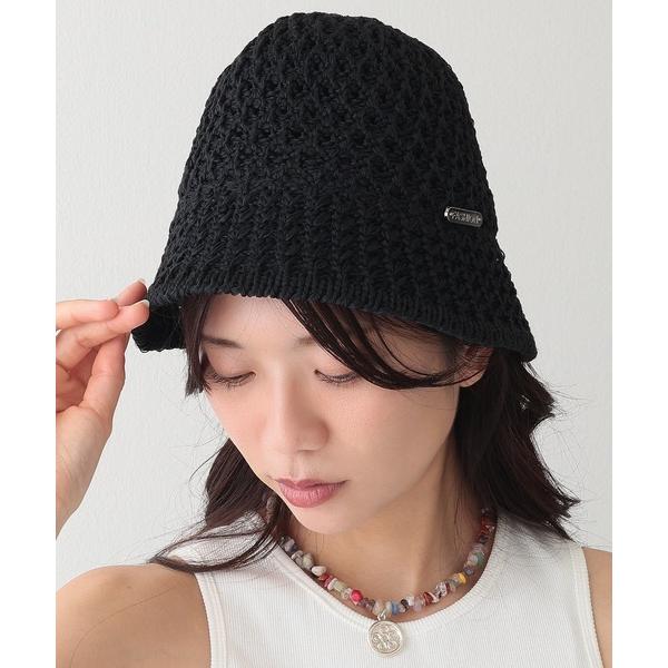 帽子 ハット プレート付き ソリッドカラー ニット メッシュ バケットハット レディース