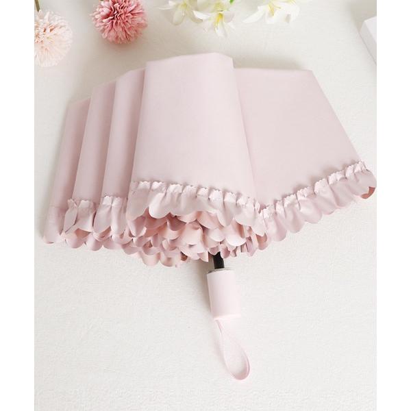 折りたたみ傘 晴雨兼用 ソリッドカラー シンプル フリル 折りたたみ傘 レディース