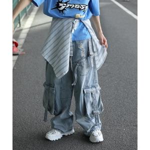 ワイドパンツ ジーンズ HOOK ヴィンテージウォッシュ カットオフ切替