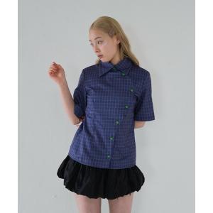 ブラウス シャツ 半袖 レトロ チェック ボタン シャツ チェックシャツ 半袖 ブルー アシンメトリー 秋冬新作 レディース