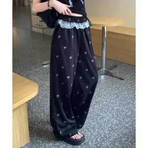 ワイドパンツ スウェットパンツ ジャージ リボン柄レース付きワイドパンツ レディース