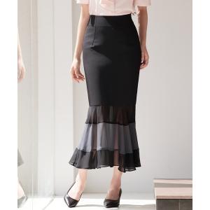 ロング スカート 配色裾ハイウエストバックゴムスカートの商品画像