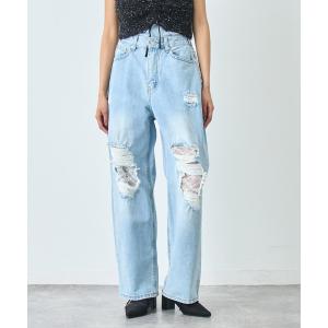ワイドパンツ ジーンズ デニム デニムパンツ ダメージレースデニムパンツ レディース